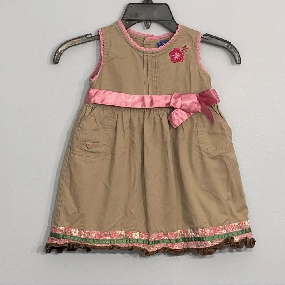 Oshkosh Genuine Kids VTG Embroidered Lace Trim Tan Pink Jumper Dress Shirt 3T
